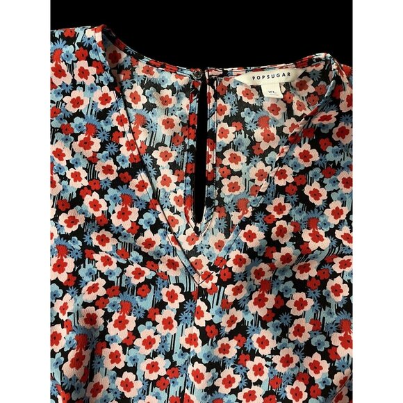 Short Mini Dress XL Daisy Flower Power Pockets Belt Red Blue V Neck Popsugar - Picture 4 of 10